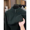 Suéter masculino de tricô grosso com zíper parcial transfronteiriço, pulôver casual de inverno com gola alta, malha quente para camada base para homens de meia-idade