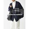 Estilo Novo de Outono Estilo Preguiçoso Gola V Listrado Cardigan de Tricô Masculino Solto Casual Jaqueta Suéter Azul Marinho Top