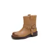 Botas de cuero de vaca de primera capa pulidas para mujer, botas Martin desgastadas, nuevo estilo de otoño, cuero genuino lavado, puntera redonda, tacón medio, correa de hebilla, botines para mujer