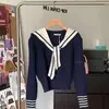 Estilo Coreano Outono e Inverno Novo Doce Redutor de Idade Simples Azul Marinho Estilo Academia Gola Xale Colorida Contrastante Pequeno Cardigã de Tricô para Mulheres