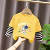 Camiseta Manga Longa Infantil para Meninos Estilo Casual Desenho Animado Bebês Meninos Primavera e Outono Gola Redonda Falsa Duas Peças Top Solto Algodão Puro