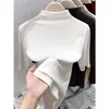 Camiseta Negra Estilo Coreano de Cuello Medio y Manga Media para Mujer Primavera Verano Otoño Elástica Ajustada Manga de Cinco Puntos Capa Base Top Interior