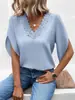 Elegante ropa de mujer con aplicaciones de encaje floral, top de cuello en V, mangas cortas tipo murciélago fluidas y una caída suave, adecuado para el uso diario.