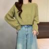 Otoño e Invierno Nuevo Estilo Coreano Color Puro Top Jersey Cuello Redondo Corto Versátil Tejido de Punto Holgado Elegante Estilo Occidental Tejido de Punto para Mujer