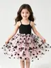 Vestido de Princesa de Verão para Meninas, Sem Mangas, Ombro a Ombro, Patchwork de Renda com Bordado de Flores, Vestido Formal Moderno com Babados, Roupa Infantil