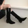 Botas apiladas, botas largas de color caqui de nicho vintage para mujer, botas altas de tacón grueso para otoño e invierno, botas de jinete, botas vaqueras versátiles
