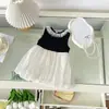 [En Stock] Vestido Infantil 2026 Verano Nuevo Contraste Blanco y Negro Encaje Lunares Malla Vestido para Niñas