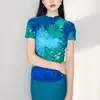 Industria Pesada Ropa Plisada Tres Veces Camiseta de Manga Corta para Mujer Verano Diseño Delgado Sensación Plegada Top Estampado Moda Trendy para Mujer