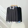 Camisa básica de lã fiada fina para mulheres, corte slim, com gola, para uso transfronteiriço, fina, para primavera e outono, estilo francês, modeladora, versátil, top para o dia a dia