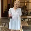 Diseño Blanco Francés Top de Encaje Calado para Mujer Verano Versátil Suelto Camisa de Manga Corta Camisa Manga Abullonada