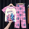 Comercio Exterior Pijamas Infantiles Primavera y Verano Manga Corta Pantalones Trajes para Niños Dibujos Animados Lindo Stitch Ropa de Casa para Niñas Ola