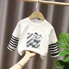 Estilo Novo Primavera e Outono Infantil Estilo Coreano Chique Moda Versátil Falso Duas Peças Camiseta Meninos Desenho Animado Algodão Puro Manga Longa Camisa Tendência