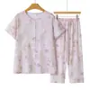 Conjunto de cárdigan fino de algodón y seda con estampado floral de manga corta para verano para madres, conjunto de dos piezas transpirable para el hogar para mujeres de mediana edad y mayores