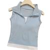 Camiseta de dos piezas falsas con empalme azul claro, cremallera, cuello semiabierto, chaleco sin mangas corto ajustado para mujer, verano