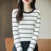 Suéter de Punto a Rayas con Cuello Redondo de Color Contrastante para Mujer, Algodón Puro, Diseño Elegante, Top de Nicho