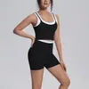 Conjunto de yoga a rayas de colorblock estilo europeo y americano, top sin mangas acanalado deportivo, shorts con espalda bonita, ropa de fitness, conjunto para correr y entrenar para mujer