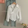Diseño talla grande cintura irregular camisa a rayas ajustada para mujer 2024 nueva elegante con solapa manga larga