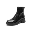 Botas femininas curtas de couro para outono e inverno, com bico redondo, sola de borracha macia, zíper lateral antiderrapante, salto quadrado, botas Martin de salto médio leves