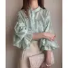 Nueva moda de otoño comercio exterior ropa de mujer blusa de encaje con mangas abullonadas florales top de gasa camisa de manga larga reversible