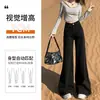 Calça Jeans Boca de Sino Preta Feminina Outono e Inverno 2025 Nova Cintura Alta Emagrecedora Solta Versátil Wide-Leg Comprimento Total