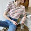 Camiseta de Manga Corta a Rayas de Celebridad de Internet para Mujer 2021 Verano Nuevo Top Ajustado para Mujer Camiseta Básica de Estilo Coreano para Estudiantes