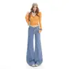 Jeans acampanados de tiro bajo con estampado de leopardo azul retro americano para mujer, nuevo estilo primavera y otoño, pantalones ajustados hasta el suelo con terciopelo de perla