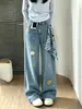 Chao Li tem em estoque jeans retrô tridimensional com bordado de desenho animado para mulheres, novo estilo de outono, calças retas versáteis de perna larga soltas