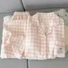 Atacado Transfronteiriço Plus Size Algodão Nuvem Rosa Branco Xadrez Gatinho Pijama Lapela Solto Primavera Outono Roupa de Casa Conjunto de Duas Peças