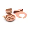 Set de Vajilla de Silicona para Bebé Bolsa Deslizante Comida Complementaria Alimentación Plato con Ventosa Tazón Plato de Cena Tenedor Cuchara de Entrenamiento Cuchara Tenedor con Mango de Madera