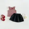 Chaleco Rayado con Cuello de Muñeca y Lazo Dianxi Verano Nuevo Estilo para Bebés Niñas, Falda Corta Simple y Fresca de Trabajo