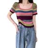 Camiseta de Rayas Transversales para Mujer Verano Tejido Manga Corta Ropa Estilo Nuevo Top Corto Diseño Nicho