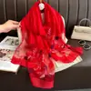 Novo Lenço de Seda Imitação com Contas para Primavera e Outono para Mulheres Elegante e Versátil Bordado Flor de Begônia Lenço Longo Lenço de Gaze Protetor Solar de Verão