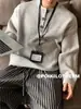 Fábrica Retrô Tricô de Cor Mista Masculino Estilo Preguiçoso Gola Henry Casual Nicho High-End Solto Peça Externa de Tricô