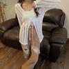 Preguiçoso Estilo Branco Fino Fino de mangas compridas Suéter Protetor Solar Mulheres Primavera Nicho Oco Folgado Casual Backless Top Trendy