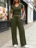 Conjunto de camiseta de cor sólida com decote V slim fit + calça reta de cintura alta com perna larga, conjunto casual de duas peças feminino elástico