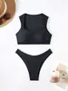 Bikini de Baño Separado Estilo Europeo Nuevo para Mujer Color Sólido Fruncido Adelgazante Ropa de Baño para Vacaciones en la Playa Mujer