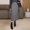 Saia de terno de lã cinza para mulheres, outono e inverno, plus size, com bordado de laço, comprimento médio, justa ao corpo, saia reta