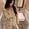 Pijama de Dibujos Animados con Estampado Completo Estilo Coreano, Conjunto de Cardigan con Solapa para Primavera y Otoño, Adecuado para Estudiantes para Usar Afuera como Ropa de Casa