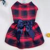 Roupas para Gatos e Cachorros, Vestido Dupla Camada com Laço em Xadrez Grande Estilo Britânico, Adequado para Todas as Estações, Roupas para Cães para Animais de Estimação