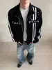"Bordado de doble raya" Chaqueta con cuello alto y estampado de letras estilo asiático, cárdigan sudadera unisex de calle holgado