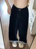 Jeans de mujer azul oscuro para otoño e invierno, forrados de polar, estilo casual, con bordado de letras de color contrastante, de cintura alta, pierna recta, con puños, pantalones de pierna ancha, modernos