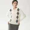 Colección Otoño 2026: Suéter de Cachemira Estilo Preppy con Cuello Camisero, Suéter de Punto con Patrón de Diamantes, Suéter con Cuello Polo para Mujer
