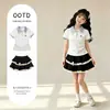Conjunto de Verão para Meninas: Camisa Polo da Moda, Calça de Cintura Alta Wide Leg, Vestido de Manga Curta com Gola Reversível, Conjunto Completo de Verão para Crianças Maiores