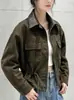 Chaqueta corta de gamuza con bloques de color y patchwork dulce estilo francés, con cuello camisero para mujer, estilo otoño, talla petite, chaqueta con cintura de cordón