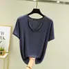 Top de Modal Delgado con Cuello en V de Manga Corta para Mujer Verano Talla Grande Camiseta Básica Holgada Adelgazante de Color Sólido Camiseta