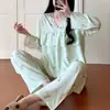 Familia Algodón Seda 2025 Pijama de Algodón Seda con Lazo de Encaje para Mujer, Conjunto de Ropa para el Hogar Primavera y Otoño, Se Puede Usar Afuera, Manga Larga Casual