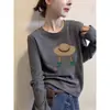 Camiseta de Manga Larga de Algodón Puro con Hombros Rectos para Mujer, Acanalada, Moderna, Casual, Versátil, Camiseta Base Color Café para Primavera y Otoño
