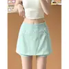 Saia curta de bolinhas azuis para mulheres, novo estilo outono, saia-calça anti-exposição para mulheres baixinhas, saia justa de meio corpo com cintura alta em linha A emagrecedora