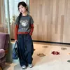 Conjunto de otoño de dos piezas para niña con bloques de color, moderno traje de actuación de danza jazz, elegante conjunto de dos piezas para pasarela de modelos infantiles