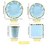 En Stock Ola Azul Estampado en Caliente Vajilla Desechable Plato de Papel Plato para Comida Servilleta Vaso de Papel Set de Decoración para Fiestas